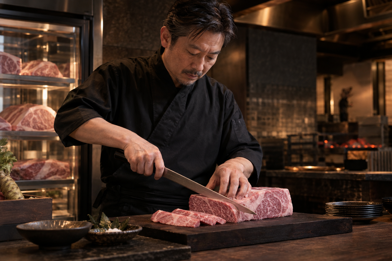 黒毛和牛を手切りする料理長